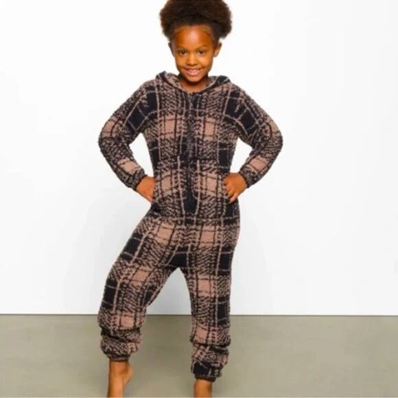 SKIMS Kids Brown Black Hooded Zip Front Plaid Cozy Knitting Onesie Size 6 / 7 - Picture 1 of 8